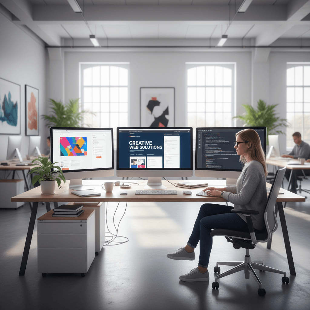 Web designer creating AI-powered website at modern workspace