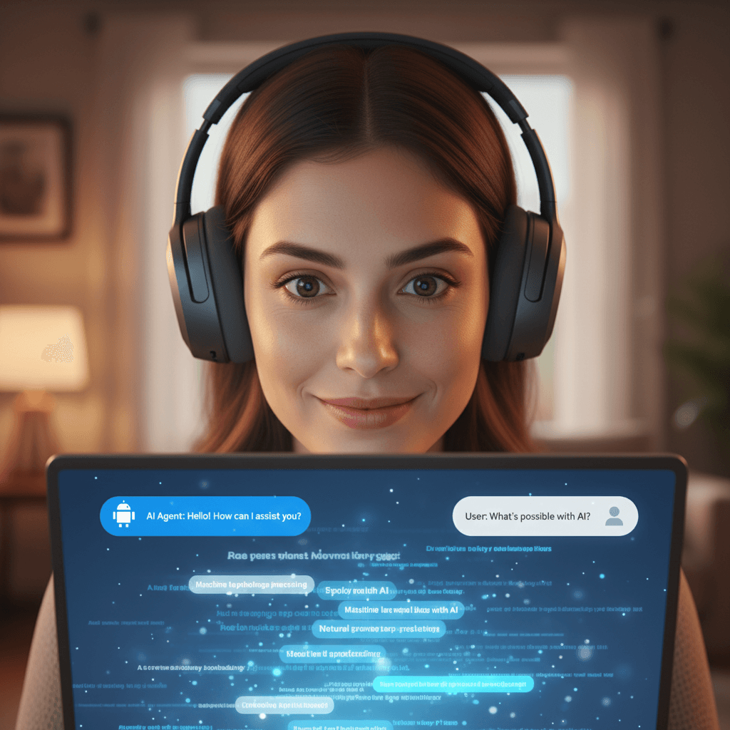 User wearing headphones immersed in laptop screen displaying AI conversation agent interface with chat bubbles